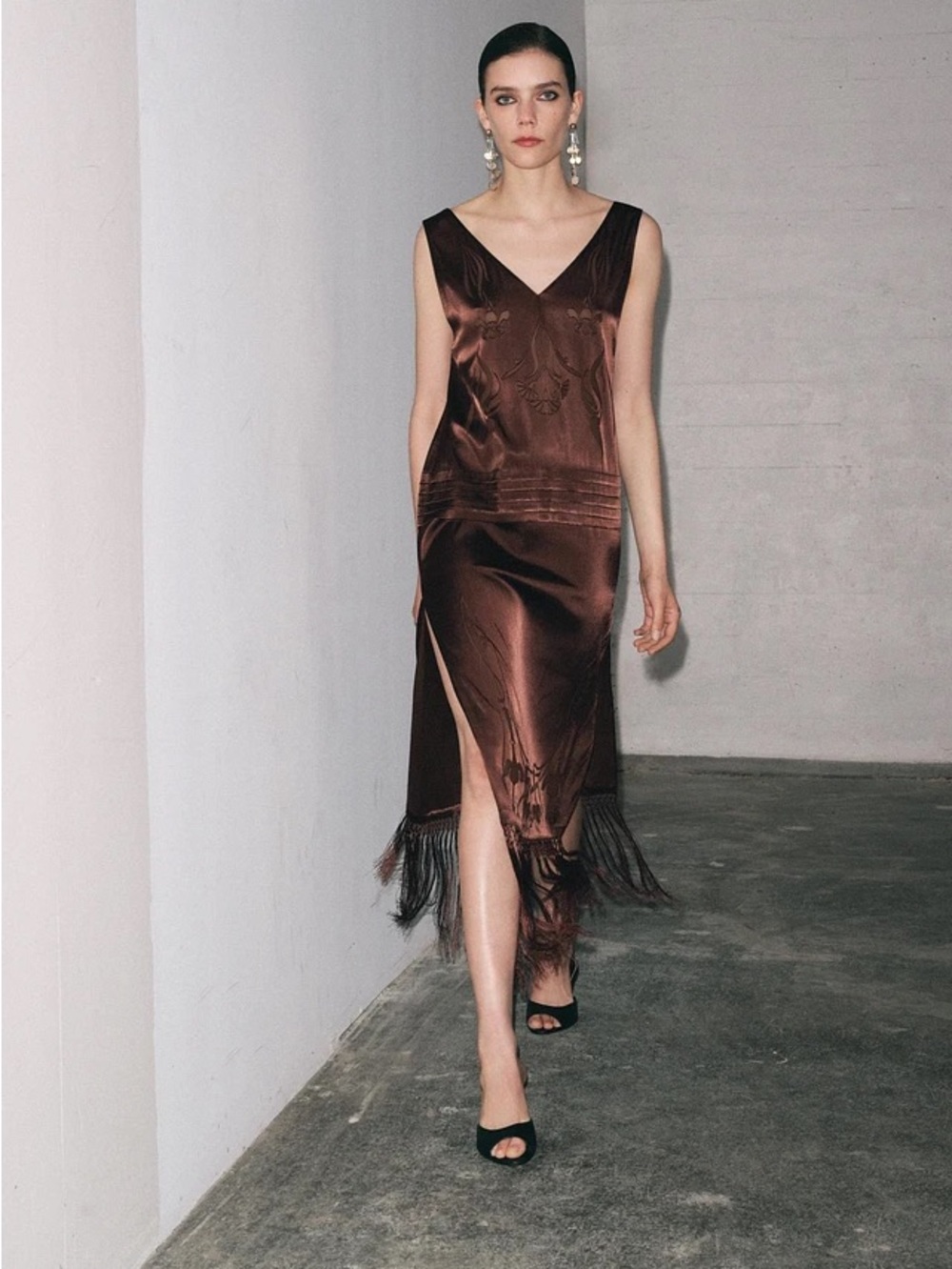 NWT Zara Brown Satin Fringe Midi Dress